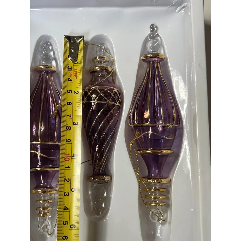 Dillards Trimmings Vintage Purple Gold Glass Finial Christmas Ornaments Set of 6